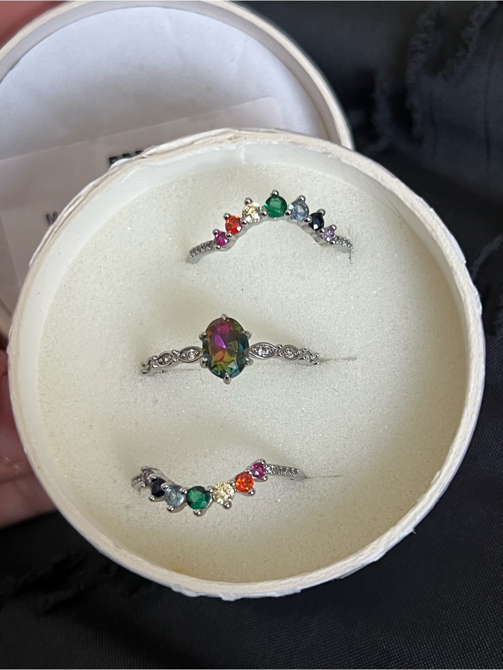 Silver Multicolor Crystal Stacking Ring Set - Rainbow Accent Rings SIZE 11